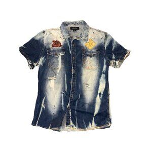 Men’s Akoo Acid Wash Denim Short Sleeve Shirt Embroidered Size L